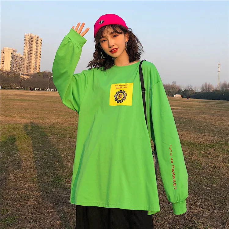 Harajuku модная футболка для женщин осенняя одежда корейский стиль Ulzzang хип хоп длинный рукав футболка Женская Повседневная зеленая футболка