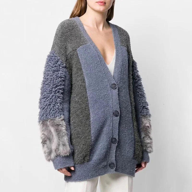 

Patchwork Fur Women's Cardigans V Neck Lantern Long Sleeve Female Sweaters Autumn Winter Oversized Knitted Sweater Women