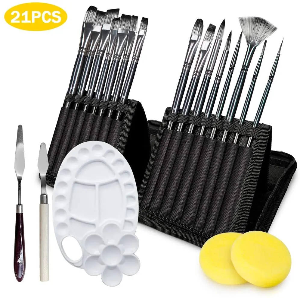 

Acrylic Oil Watercolor Canvas Gouache Painting Brushes Includes Carrying Case with 1 Paint Tray, 2 Palette Knife and 2 Sponges