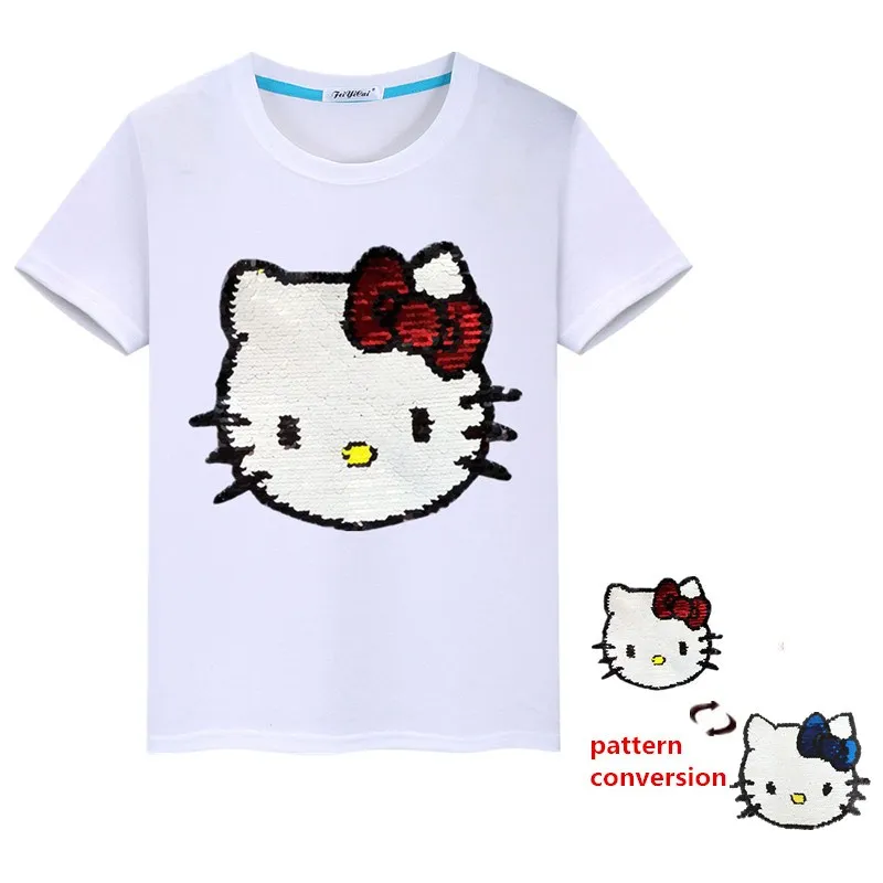 Летние футболки для девочек с принтом «hello kitty»; хлопковая Детская футболка с Микки Маусом и блестками; двухсторонние футболки для мальчиков-подростков; детская одежда; От 4 до 13 лет - Цвет: as picture