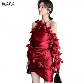

Autumn Dress Halter Off Shoulder Strapless Red Womens Ruffles Draped Clothes Bandage Bodycon Sexy Party Night Mini Club Dresses