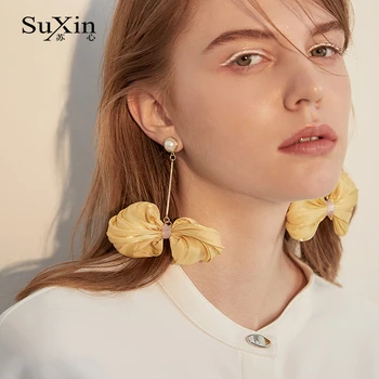 

SuXin earrings 2020 new simple yellow bow temperament earrings for women long ribbon pendant earrings jewelry gifts