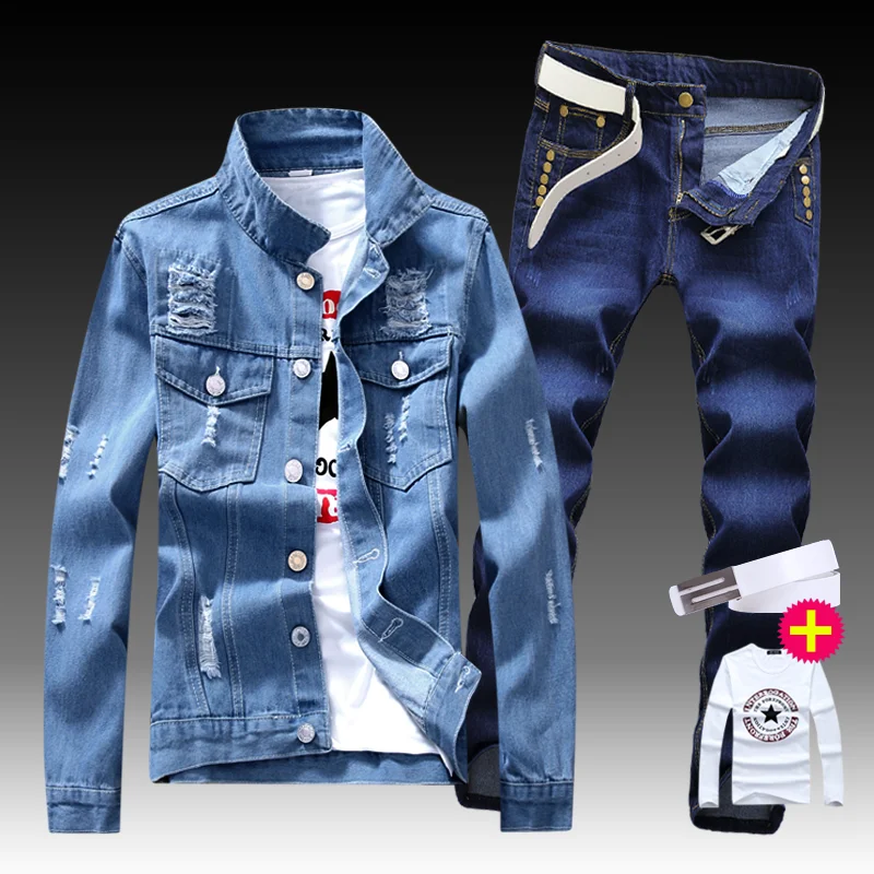 New Men's Denim Jacket Pants 2pcs Set Single Breasted Holes Casual Coat Trousers Slim Fit Cool Boys Jackets A55 New Men's Denim Jacket Pants 2pcs Set Single Breasted Holes Casual Coat Trousers Slim Fit Cool Boys Jackets A55