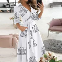Elegant Women Point Print Party Dress 2021 Summer Sexy V Neck Pocket Long Dress Ladies Casual Long Sleeve Lace-Up Belted Dress 2
