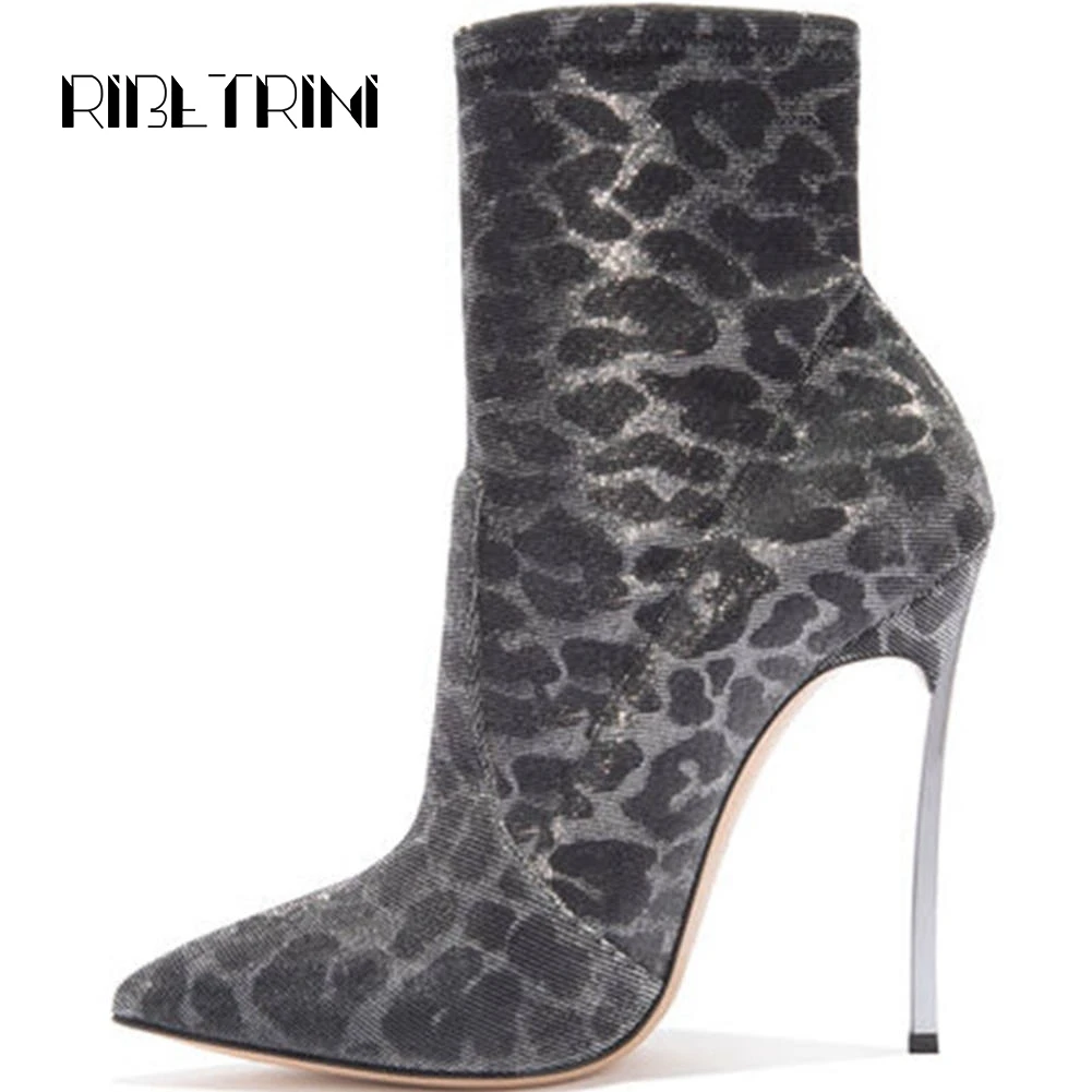 

RIBETRINI Sock Style Leopard Ankle Boots Women Stiletto High Heels Pointed Toe Party Wedding Club Shoes Woman Sexy Boots