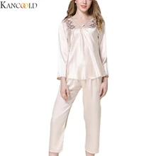 KANCOOLD, сексуальные пижамы, облегающие, пижамы для женщин, без рукавов, на бретелях, пижамы, Атласный топ, пижамы, наборы, ночное белье, с шелковым принтом