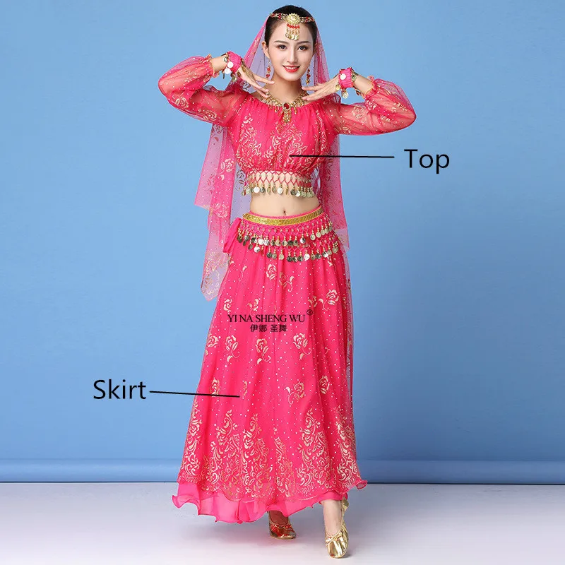 Rose 2pcs Bollywood Dress Costume Women Set Indian Dance Sari Belly Dance Outfit Performance Clothes Chiffon Top+Skirt+Waist chain 8pcs - Цвет: Rose 2pcs