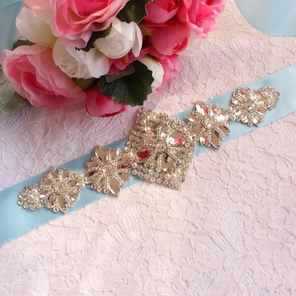 Лента Свадебная со стразами парец Huwelijk Riem Satijnen ruids Riem En Sash Voor ruiloft Decoratie - Цвет: Небесно-голубой