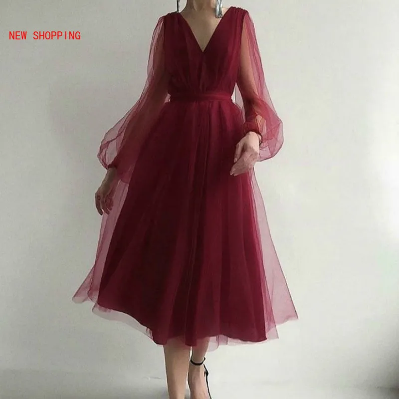 

Women Sexy V-neck Party Dresses 2020 Autumn Elegants Lady Lantern Sleeve Slim Waist Red Mesh A-line Dress Mujer Vestidos Black