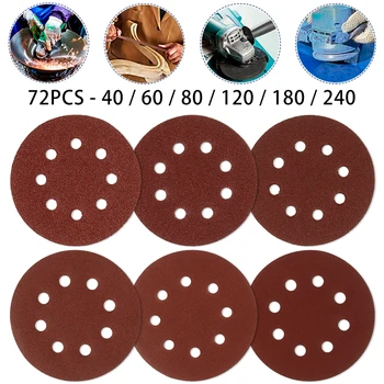 

72pcs 5 Inch 125mm Round Sandpaper Eight Hole Disk Sand Sheets Grit 40-240 Hook and Loop Sanding Disc Polish