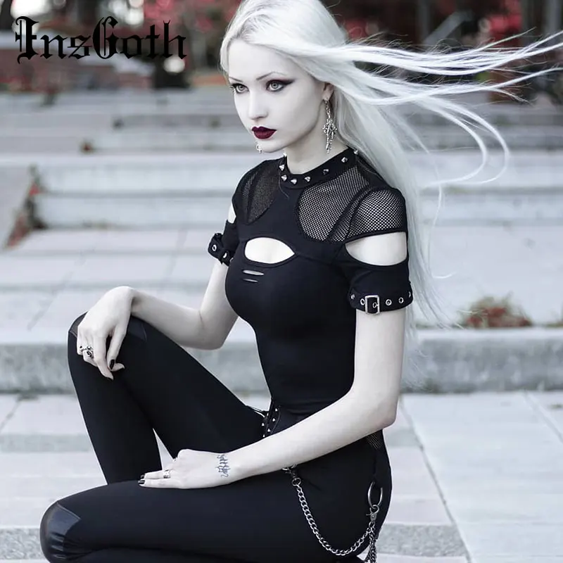 InsGoth Women T-shirts Gothic Punk Chix Black T-shirts Casual Slim Mesh Hole Rivet Sexy Short Sleeve Top Hip Hop Female Goth Top InsGoth Women T-shirts Gothic Punk Chix Black T-shirts Casual Slim Mesh Hole Rivet Sexy Short Sleeve Top Hip Hop Female Goth Top