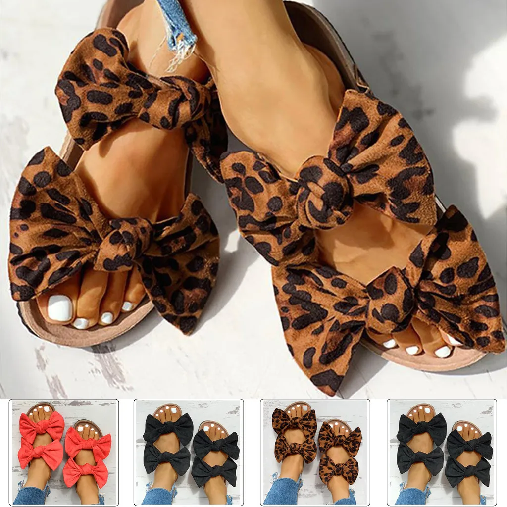 

Summer Women's Leopard Sandals Bow-knot Soft Floor Roman Flat Slippers Casual Beach Indoor&Outdoor Shoes Zapatos De Mujer #0338