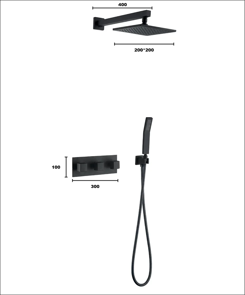 Description Picture 3 of itemCeiling Mount Rain Shower Faucet System Set Bathroom Bath Mixer Tap Matt Black Brass Diverter Hand Held 8" Head Wall Arm Kit