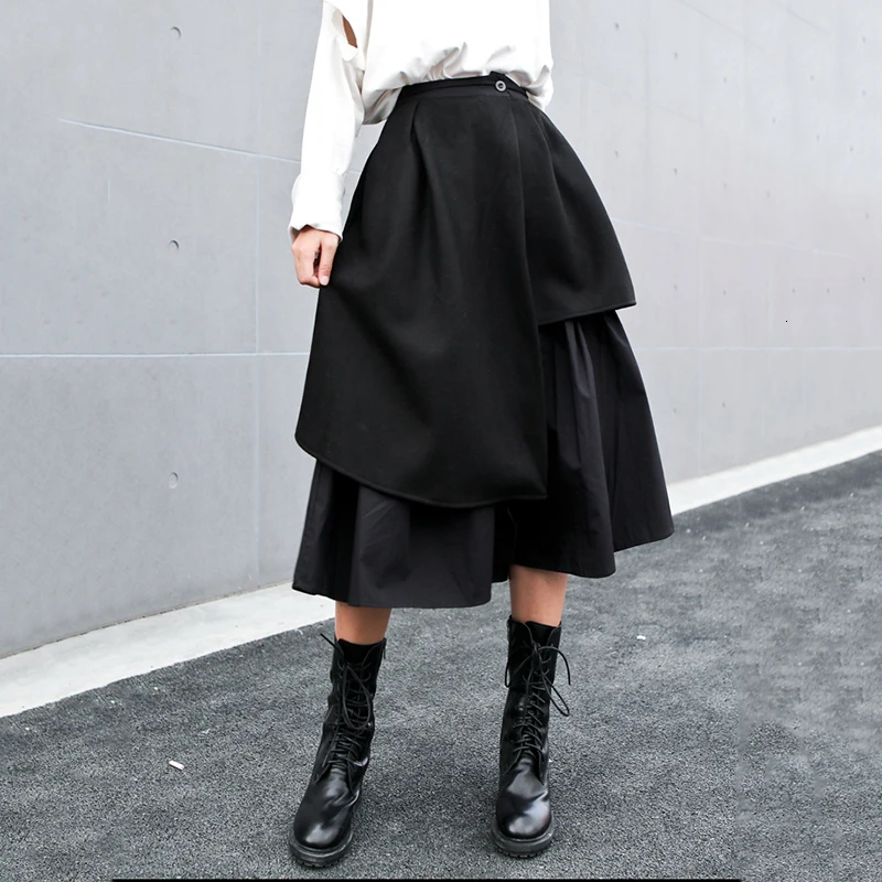 [EAM] High Elastic Waist Black Split Layers Cake Temperament Half-body Skirt Women Fashion Tide New Spring Autumn 1M666