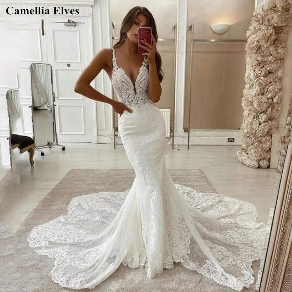 Lace Mermaid Wedding Dresses 2022 Spaghetti Strap Soft Tulle Backless Bridal Gowns Sleeveless Vintage Country Wedding Gown bridal gowns