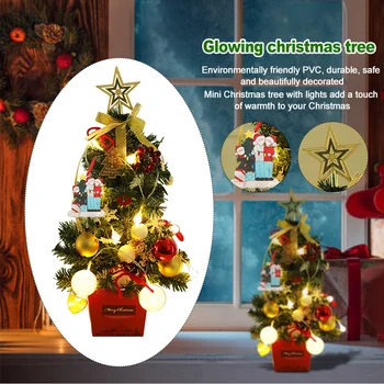 

50cm Home Decor DIY Craft Artificial With Light String Party Supplies Festival Mini Christmas Tree Office Golden Bow Tabletop