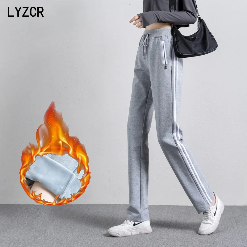 

Warm Black Wool Pants Winter Women Loose Straight Velvet Pants for Women Plus Size High Waisted Sweatpants Side Stripe Trousers