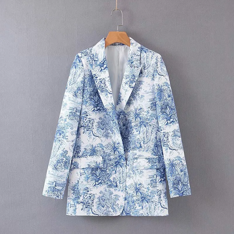 Europe And America Summer New Style Versitile Fashion Long Sleeve Suit Fold-down Collar Printed Coat 0783934