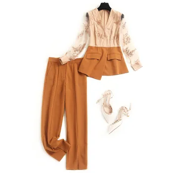 

New 2020 autumn elegant women mesh blazer suit patchwork embroidery long sleeve sexy tops and pants two piece outfit