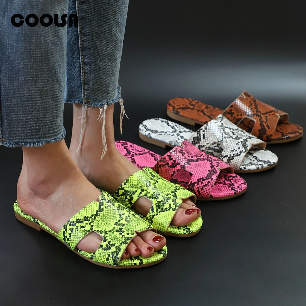 

New Summer Flat Heel Leather Slippers Women Print Slides Snake Flip Flop Beach Sandals Lady Outdoor Casual Cozy Plus Brand Shoes