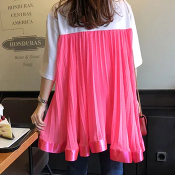 

Short Sleeve T-Shirt Women Korean Fashion Summer Fake Two Piece Mesh Patchwork Pleated Causal Tops Loose Female Tee Shirts 2020