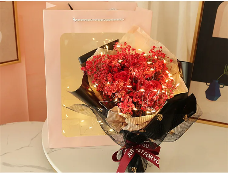 Creative Rose Gypsophila Dried Flower Bouquet + LED Light + Gift Bag Flower Gift Box Valentine's Day Birthday Gift Bride Bouquet