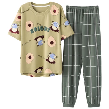

Pajamas Set Homesuit Homeclothes Fashion Casual Style Woman Clothes Pjs Woman Short Sleeve Long Pants Summer Avocado Printing