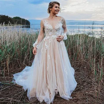 

Sexy V-Neck Long Sleeves Tulle A-Line Wedding Dress Backless Lace Appliques Plus Size Bridal Gowns Spring Robe De Mariage