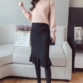 

Women Autumn Knitted Skirt With Half Length High Waist Split Fork Hip And Fish Tail Solid Color Skirt Vinatge Ladies Clothes