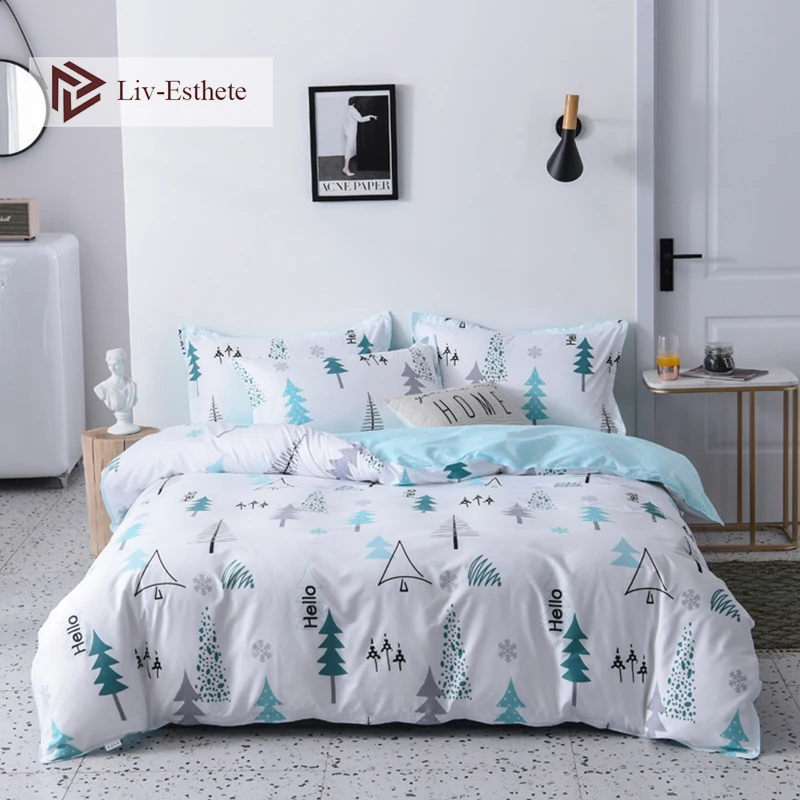 

Liv-Esthete Nordic Forest Cartoon Bedding Set Blue Duvet Cover Bedspread Flat Sheet Double Queen King Bed Linen For Adult Kids