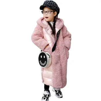 

3-16T Plus size Children faux fur coat lamb fur spliced girls thicker warm overcoat parka modis kids oversize jackets Y2426