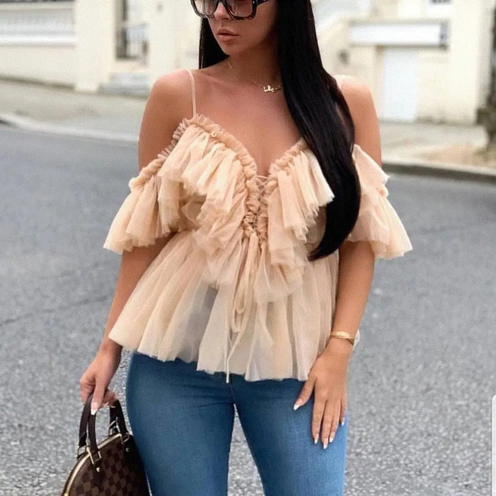 

2019 New fashion tops V neck women Ruffle blouse Summer T-shirt