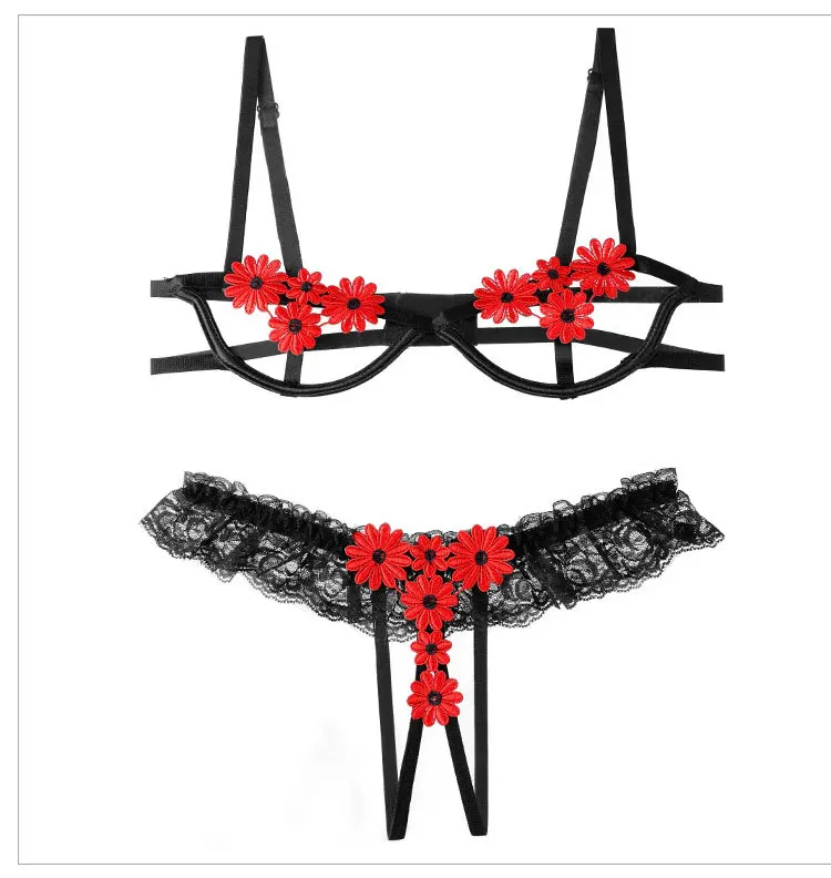 Sexy female sexy open file bare chest rim flower perspective bra set+ embroidery perspective split suit