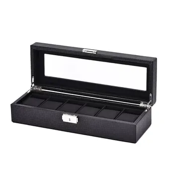 

12/6 Grids Carbon Fiber Watch Box Display Rings Chains Case Holder Storage Container Packaging Black Organizer For Businessman#2