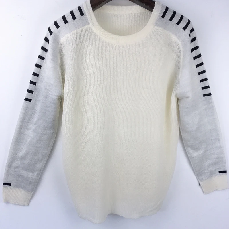 Осень-зима, мужской свитер в повседневном стиле, черный, белый, модный свитер с круглым вырезом, тонкий свитер с длинными рукавами