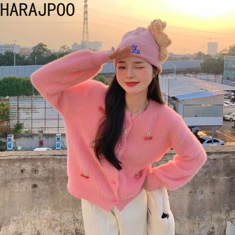 Harajpoo Sweater Woman Pink Knitted Autumn Winter Korean 2021 New Embroidery Loose Lazy Style Long Sleeve Sweet Casual Cardigan |