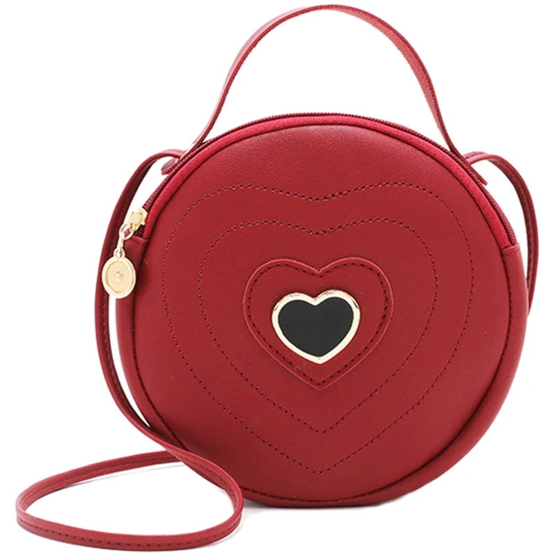 Fashion Cute Round Heart-Shaped Pattern Women'S Zipper Messenger Bag Shoulder Bag Handbag Red