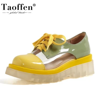 

Taoffen New Fashion Woman Flat Shoes Real Leather Pvc Patchwork Woman Shoes Lace Up Mixed Color Woman Shoes Footwear Size 34-40