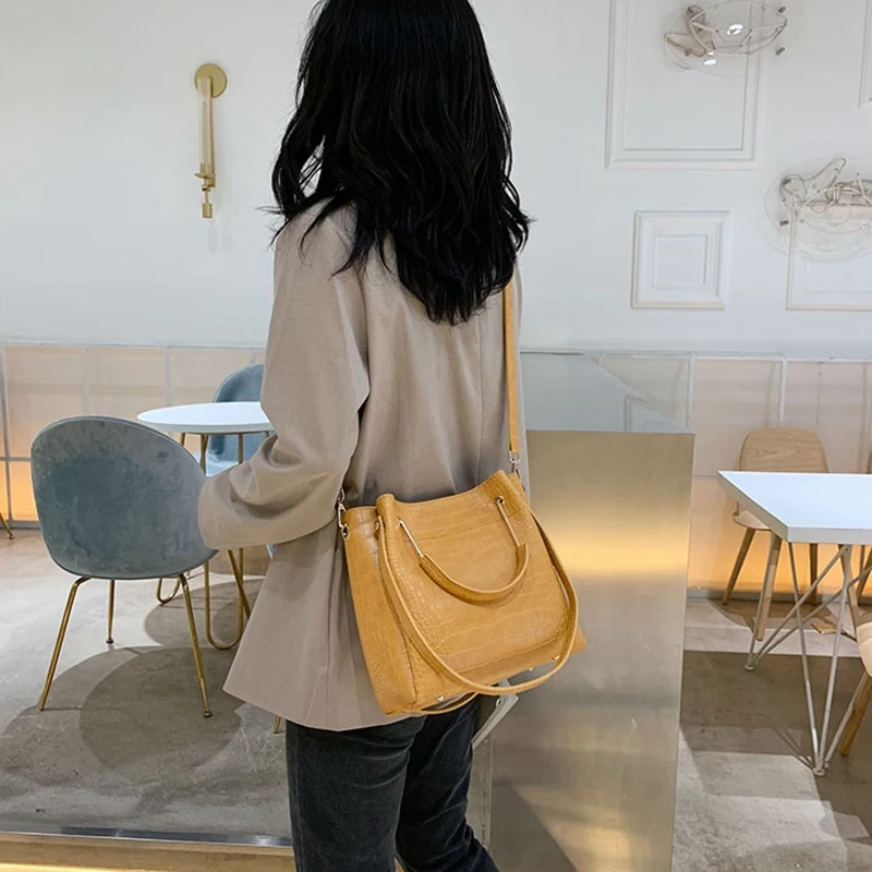 

Stone Pattern Leather Bucket Bags for Women Small Shoulder Messenger Bag Lady Fashion Handbags Totes