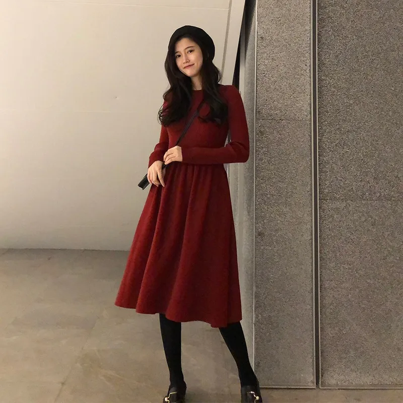 

WOMEN'S Dress 2019 New Style Fashion High Cold Royal Sister Wind Mid-length Sweater Dress over-the-Knee Red Dress Autumn And Win