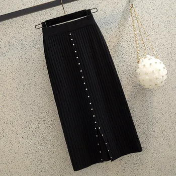 

Women Elegant Mid-Calf Pencil Skirt Autumn Winter Casual Knitted Skirt Solid color High Waist Skirts Womens