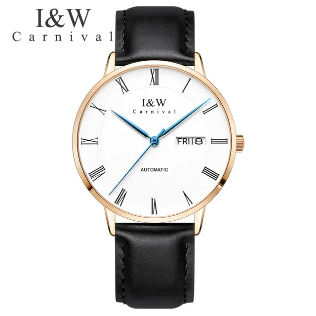Carnival I&W Thin Automatic Watch Men Leather Strap Mechanical Watches Top Brand Luxury Roma Number Clock relogio masculino - Цвет: Коричневый