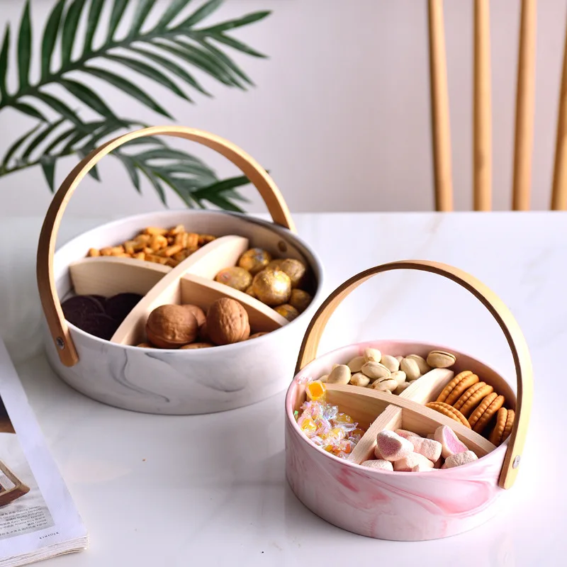 

Ceramic Fruit Tray with Bamboo Handle Separated Compartment Candy Snack Baskets Home Office Desktop Decoration Storage Trays