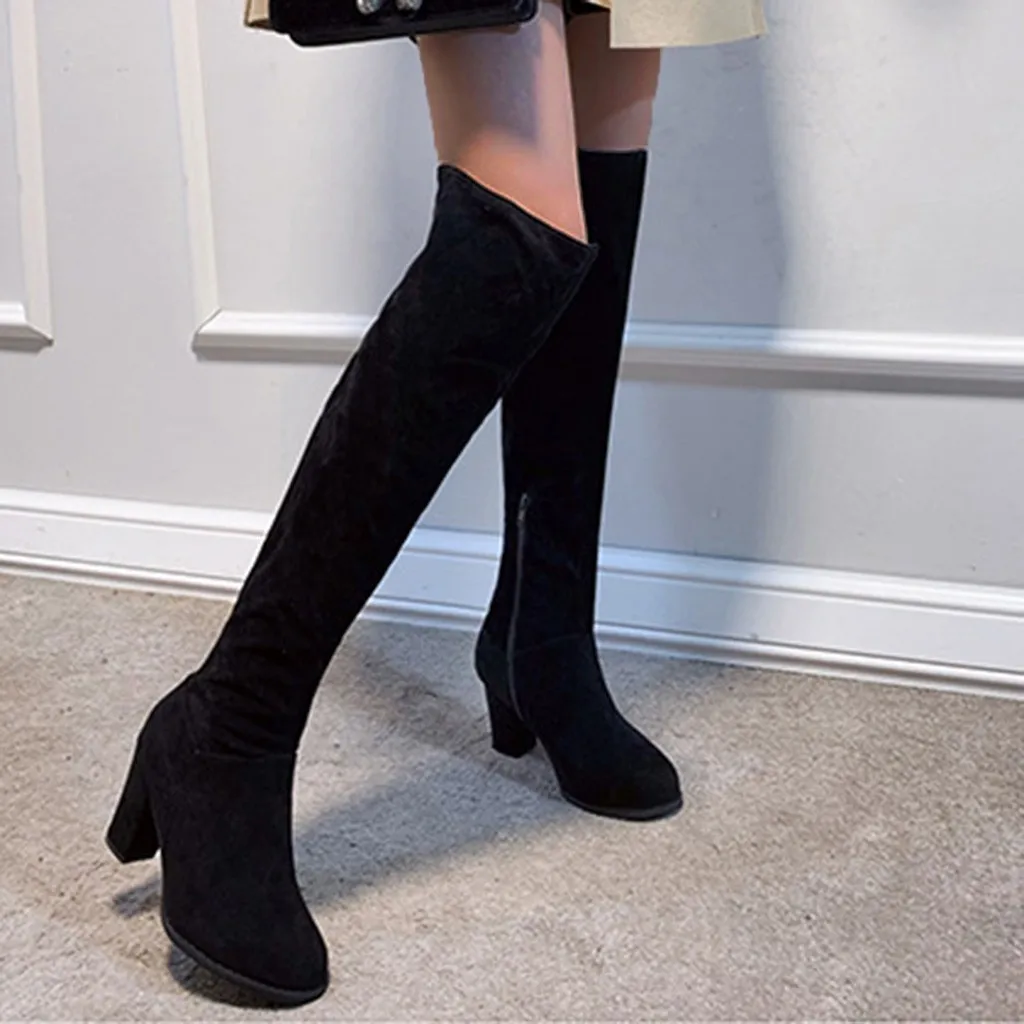 

Women Knee High Sexy Winter Flock Snow Boots Ladies Fashion Long Tube Round Toe Boots High Heel Zipper Trendy Korean Style Shoes