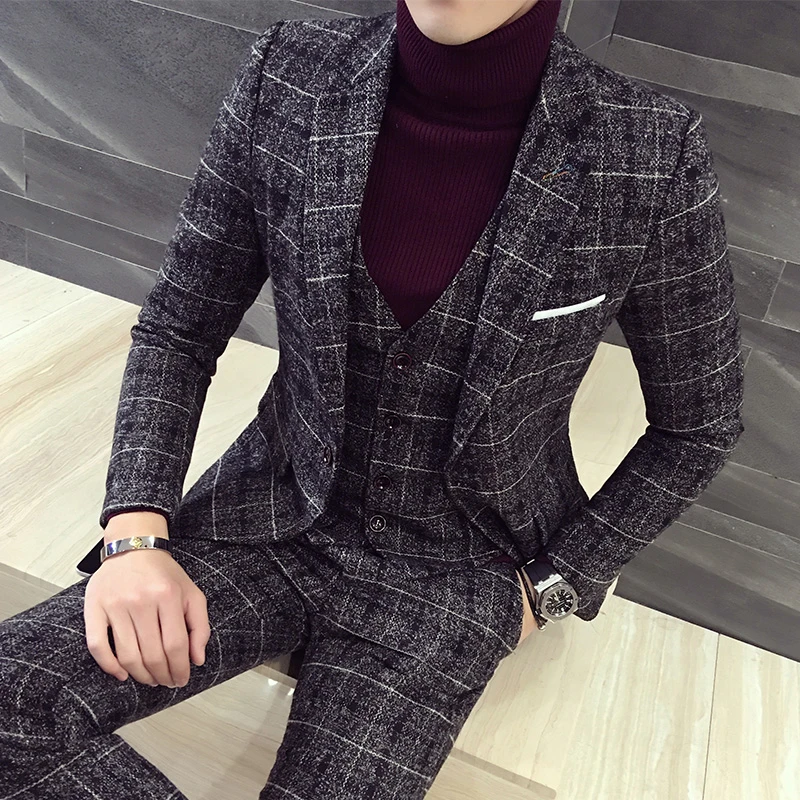 Black 3-piece set Ternos Xadrez Ho, мужские костюмы, мужские ретро костюмы, Homme Mariage, клетчатые тонкие костюмы для мужчин,, винтажные вечерние костюмы, повседневная мужская одежда - Цвет: Black 3-piece set