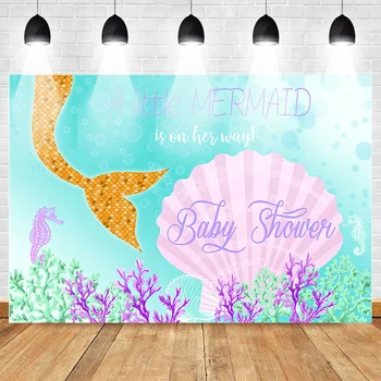 

A Little Mermaid Themed Baby Shower Photography Backdrop Underwater Newborn Green Color Background Shell Seaweed Seahorse Pearl