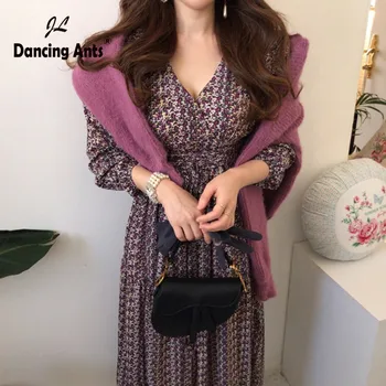 

Woman Skinny Dress V-Neck Long Sleeve High Waist Broken Flower Print Slim Dresses Romanticism Elegant Chic Ankle-Length Dress