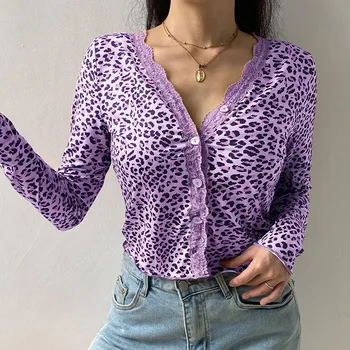 

Sexy Leopard Print Lace Y2k Aesthetic Tops Autumn Long Sleeve V Neck Buttons Cardigan Crop Top Women Short Coat Tshirt Femme