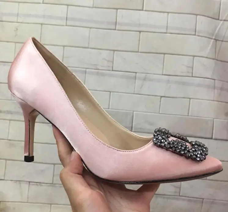 Розовый KALMALL свадебные туфли на квадратном каблуке, украшенные кристаллами; zapatos mujer; Роскошные женские туфли на высоком каблуке 8 см, украшенные стразами - Цвет: Розовый