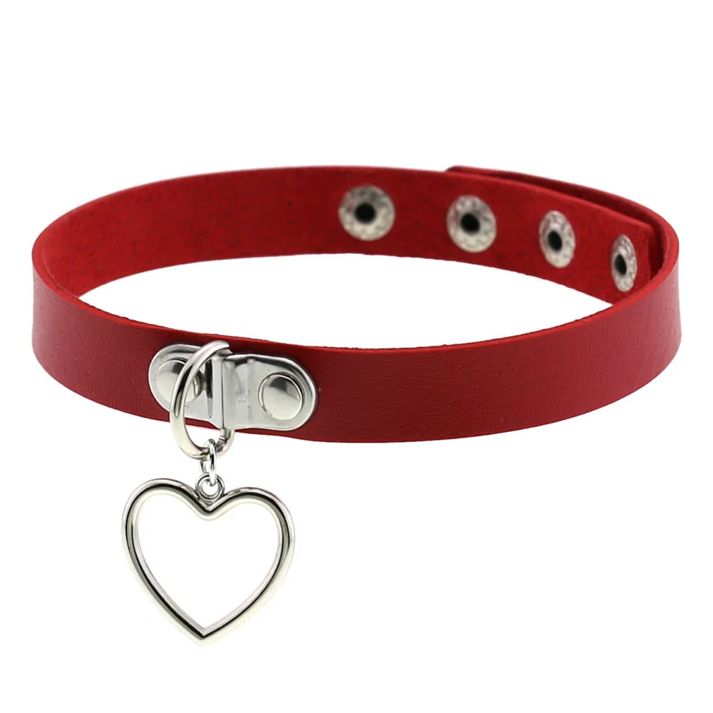 Vintage Punk Geometric Jewelry Red PU Leather Round Heart Choker Necklace Women Chocker Necklaces Collares